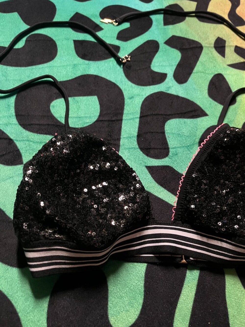 VICTORIA’S SECRET THE TEENY TRIANGLE BLACK SEQUIN UNLINED BIKINI BRA TOP MEDIUM - Picture 2 of 3